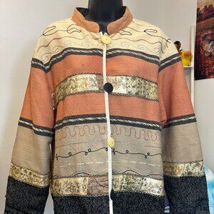 Vintage 90s Think Positive Mixed Textile Patchwork Art Jacket Button Front Size